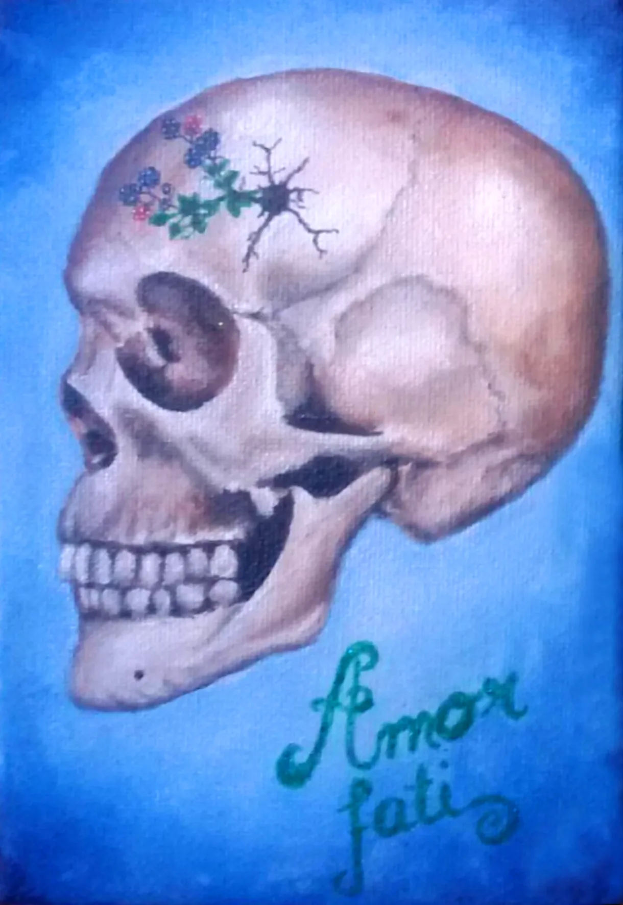 a painting of a skull with the sign Amor Fati