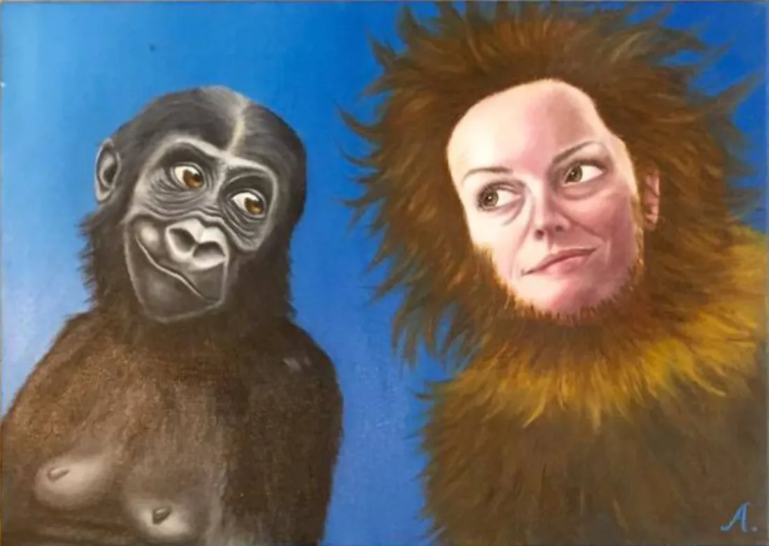 a painting of a human with fur like an ape and an ape, looking at each other and smiling