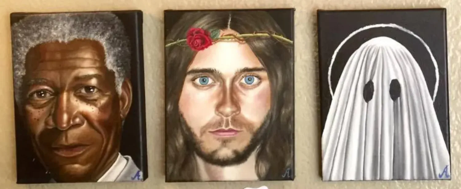 3 portraits - Morgan Freeman, Jared Leto and a ghost in a form of a white sheet with holes for eyes