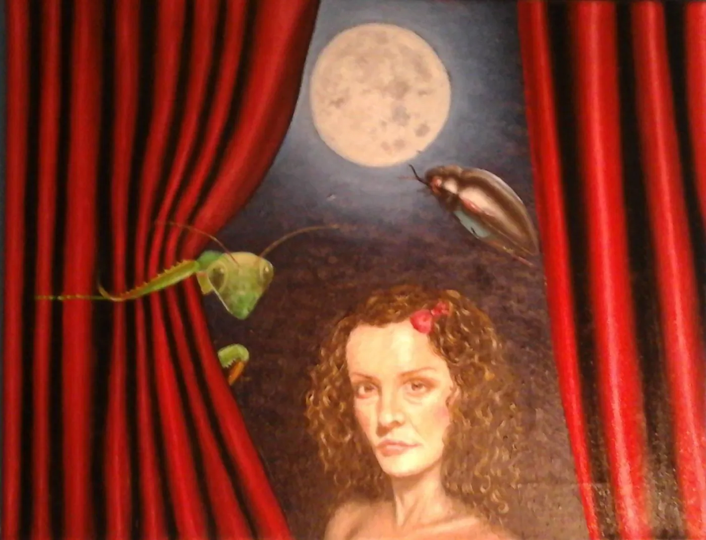 A self-portrait with a praying mantice and a huge flying insect and a big moon