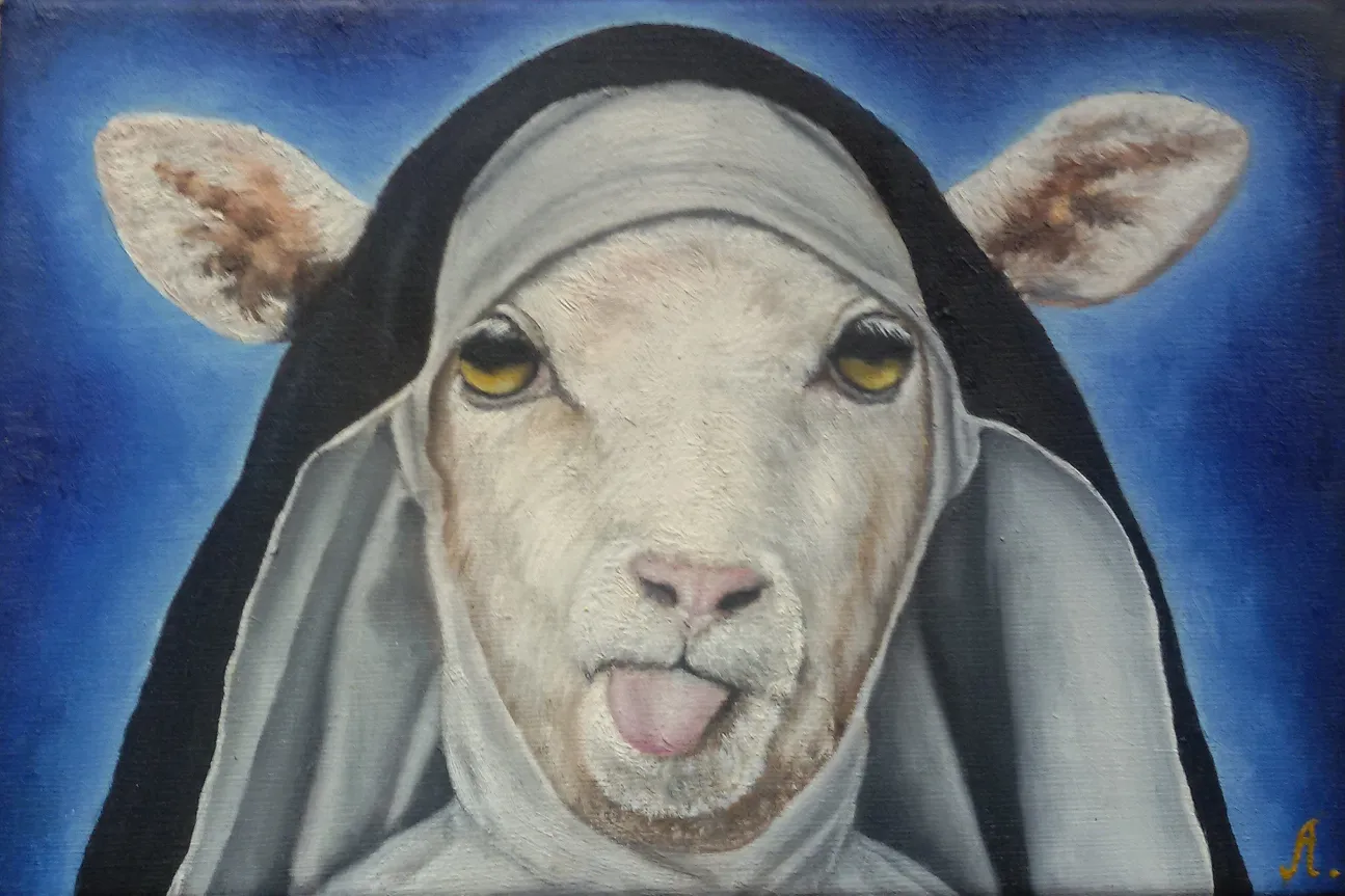 a sheep dressed as a nun, sticking out her tongue