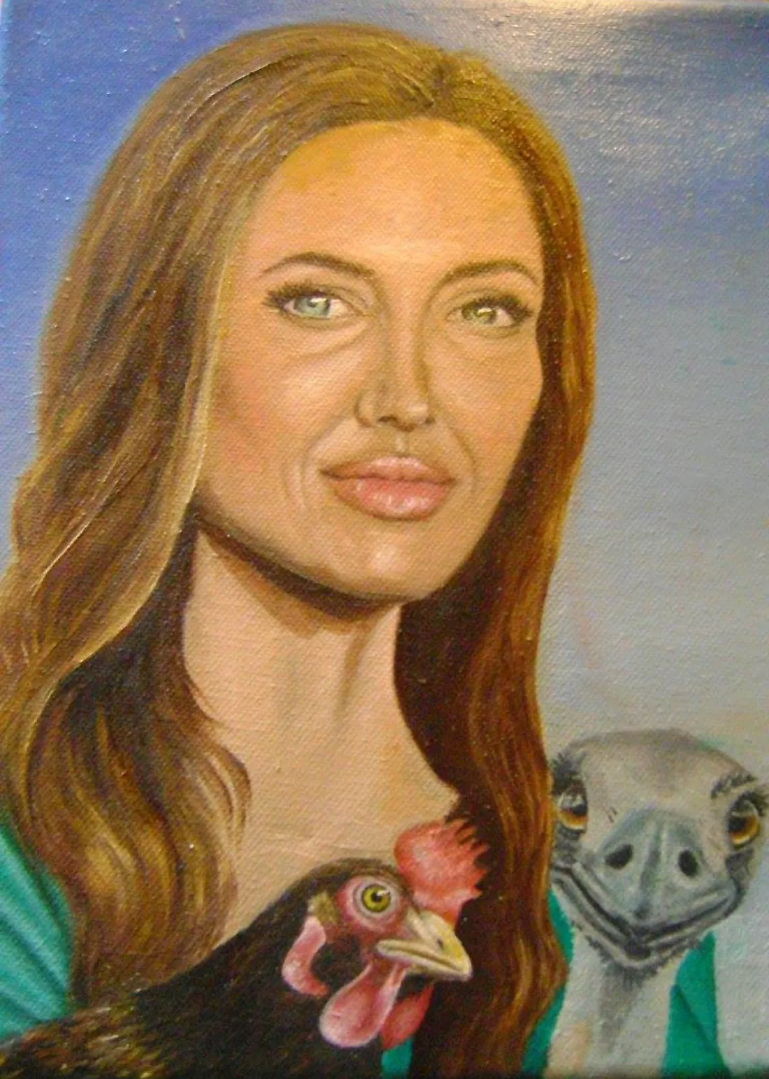 a painting of Angelina Jolie with an ostritch and a hen