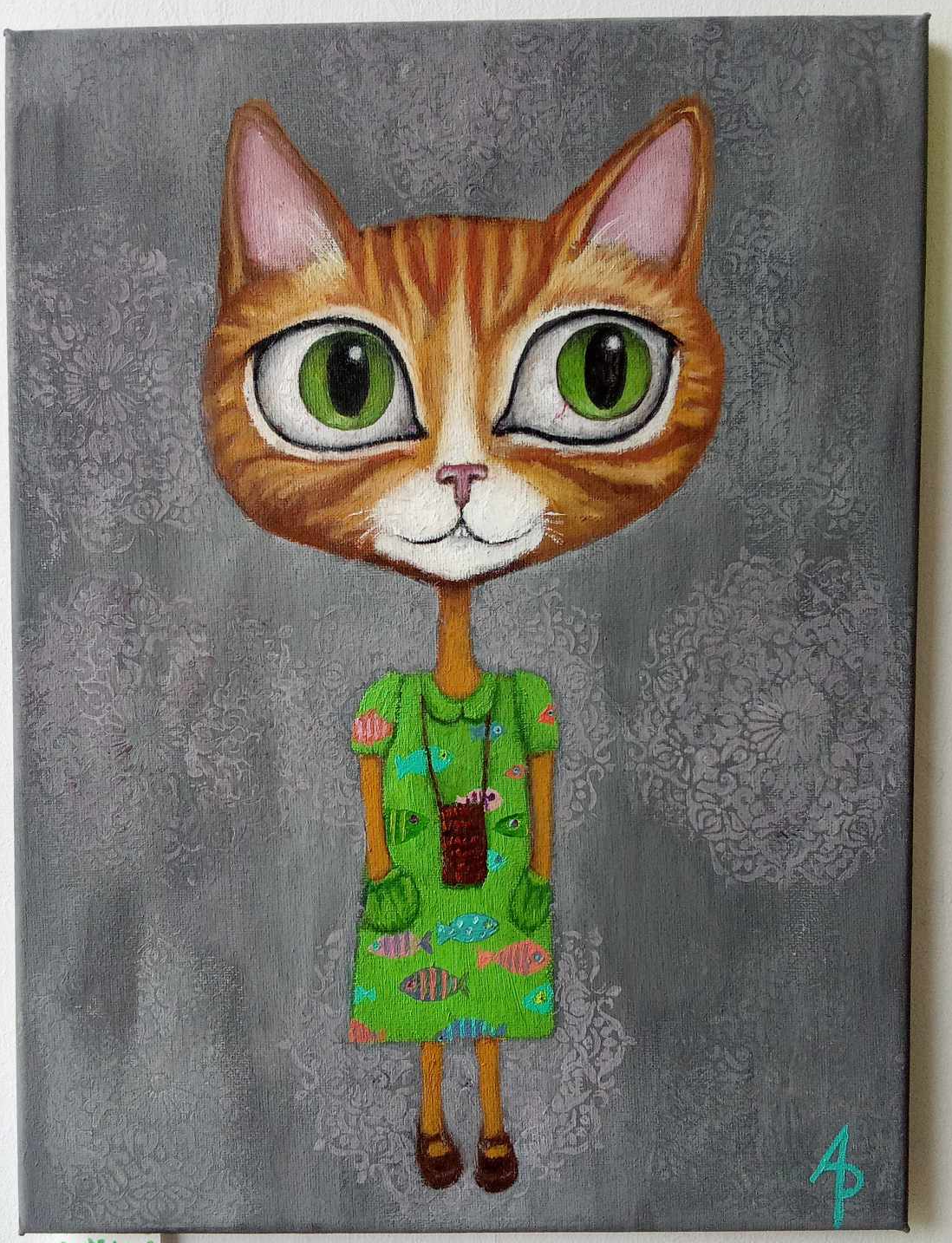 a painting of a cat in a green dress