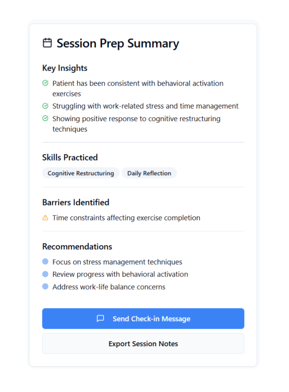 Product visual showing a session prep summary for an individual patient