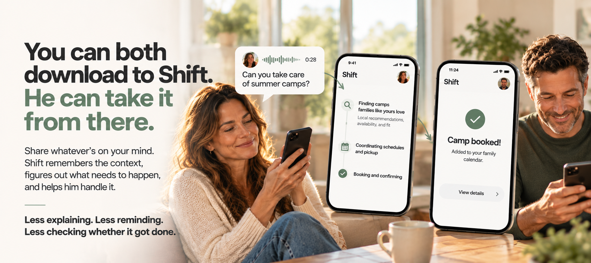 A woman smiling and holding a phone with a message asking, 'Can you take care of summer camps?' Next to her are two phone screens showing the Shift app workflow: finding camps with local recommendations, coordinating schedules, booking, and confirming, followed by a confirmation screen saying 'Camp booked! Added to your family calendar.' A man nearby smiles while looking at his phone. Text highlights that both can download Shift and one person can manage tasks from there, reducing explaining, reminding, and checking.