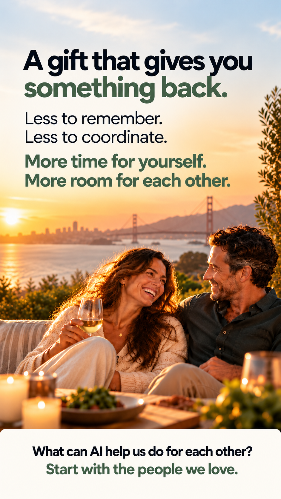 Smiling couple sitting closely on an outdoor couch with a glass of white wine, enjoying a sunset overlooking a cityscape and a bridge, with text about AI giving gifts that offer more time and space for loved ones.