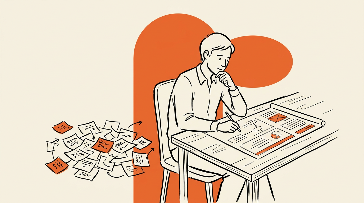Hand-drawn illustration: a product manager turns a tangle of scattered notes into one clear, ordered specification.