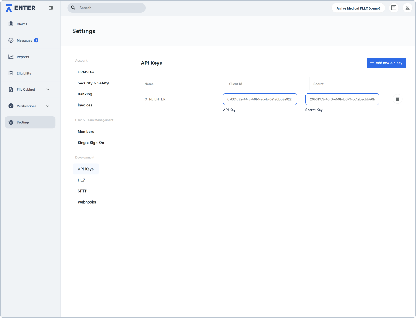 Screenshot of ENTER Platform Settings Page with the API key and Secret key highlighted
