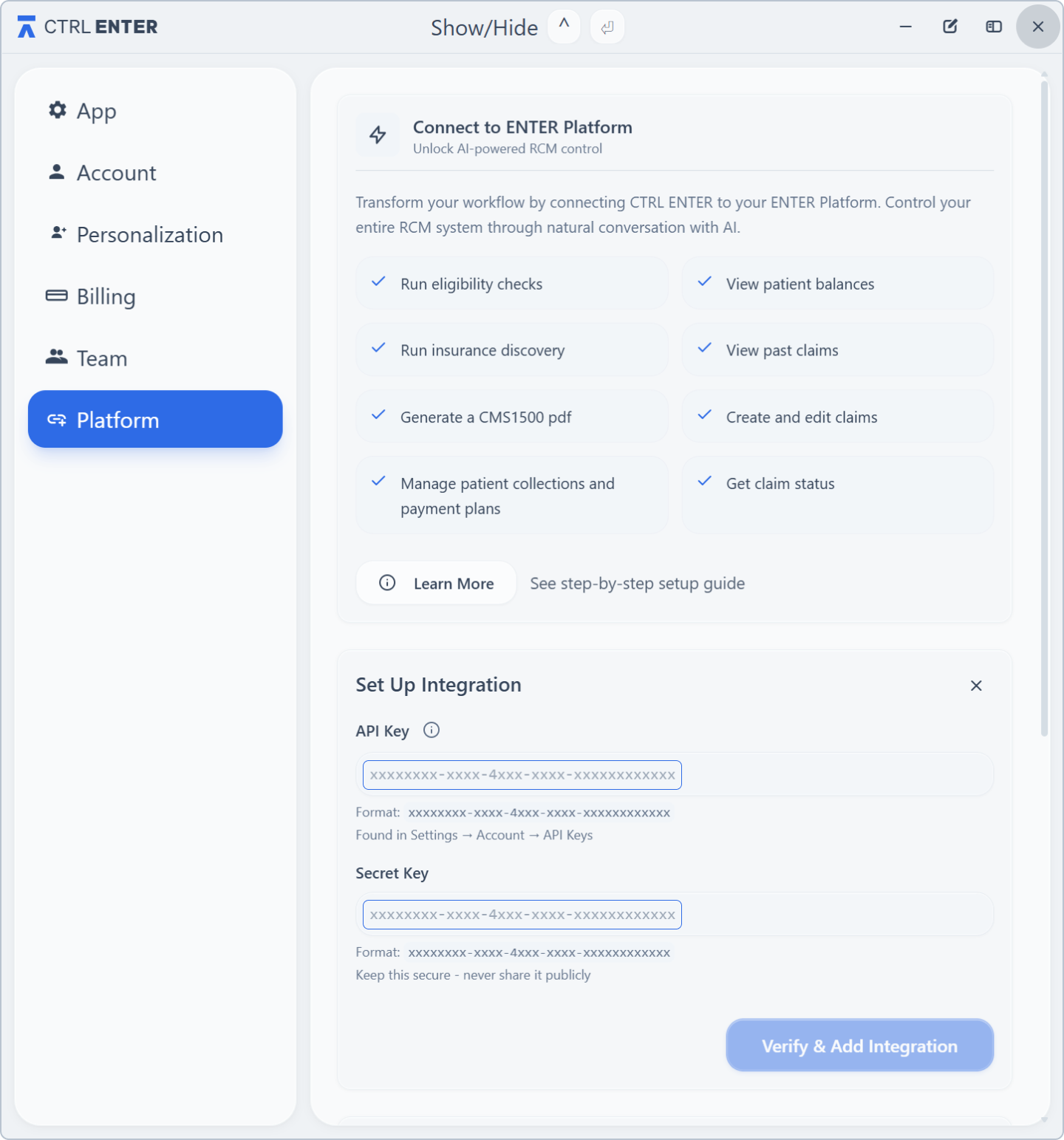Screenshot of CTRL ENTER with the places to paste in the API key and Secret key highlighted