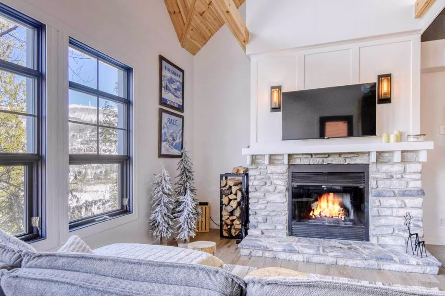 Living room with a window sight of the mountains