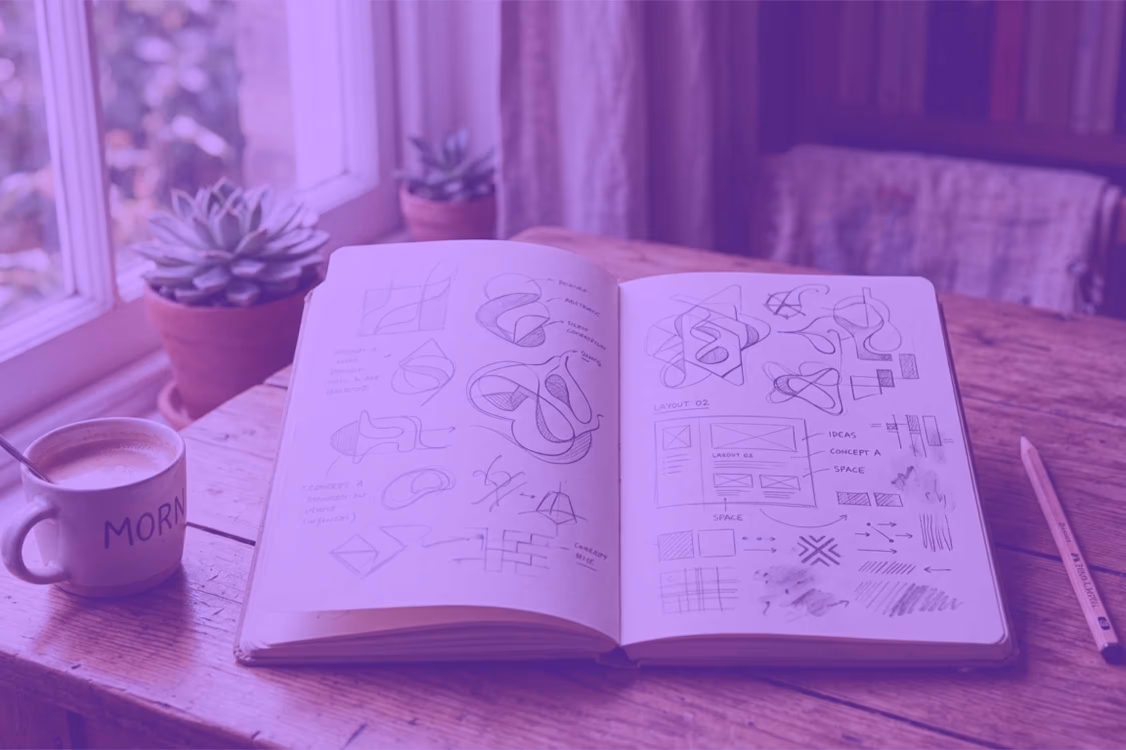 Sketchbook open on a wooden desk, pencil sketches of abstract shapes and layouts visible