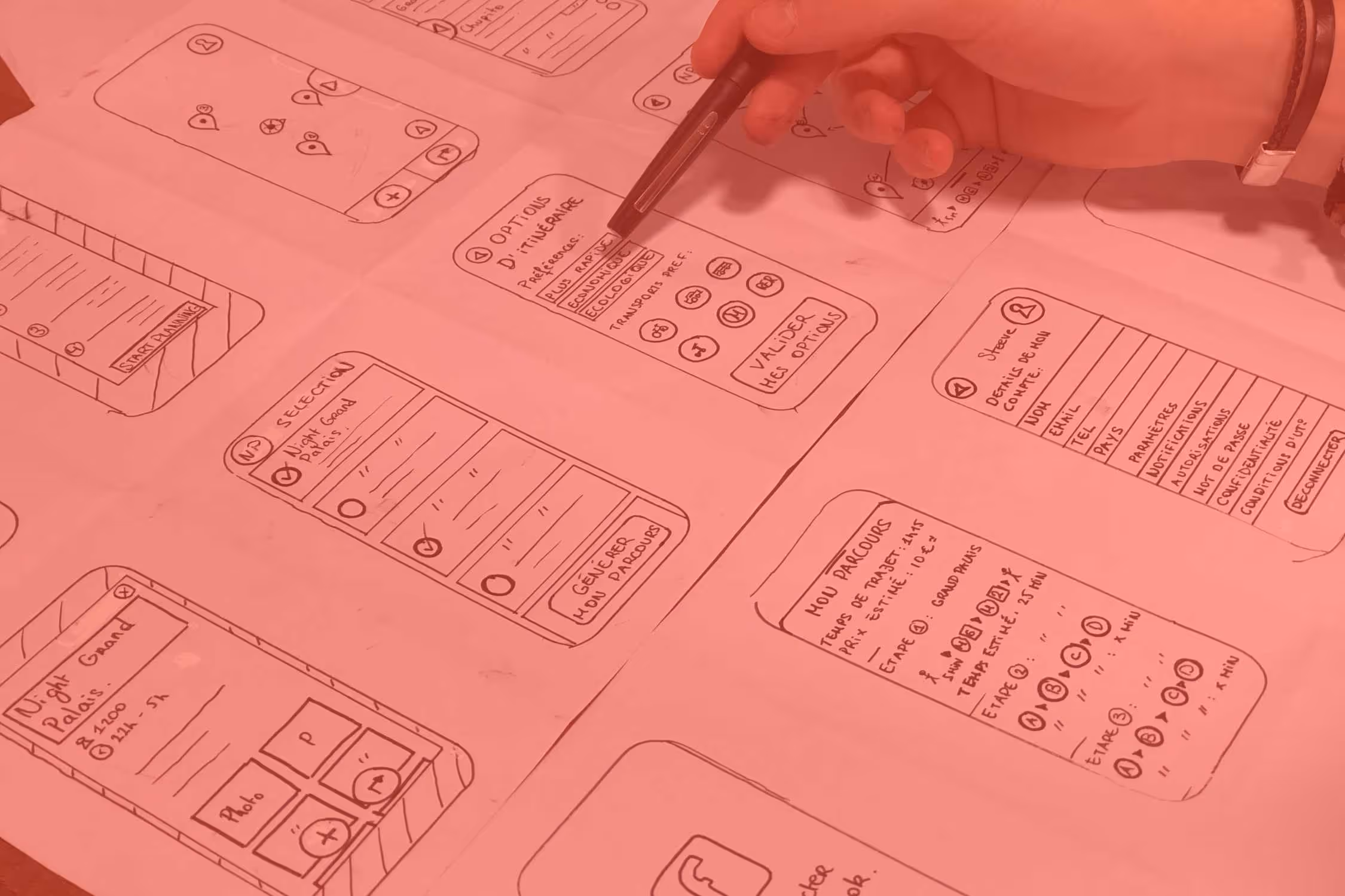 digital interface displayed on a modern monitor showing wireframe components and UI elements