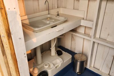 Sink in a wooden outdoor outhouse.