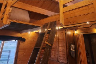 Cozy wooden loft bedroom with a ladder leading up to the sleeping area and string lights along the wall.