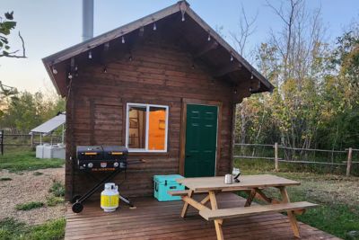 Small wooden cabin with green door, window, grill, picnic table, and trees in the background.
