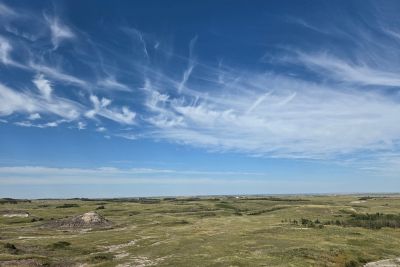 Expansive open grassland landscape under a blue sky with wispy white clouds.