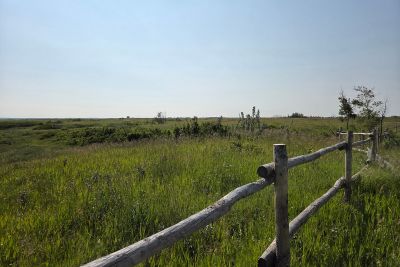 Wooden fence along a grassy field under a clear blue sky.