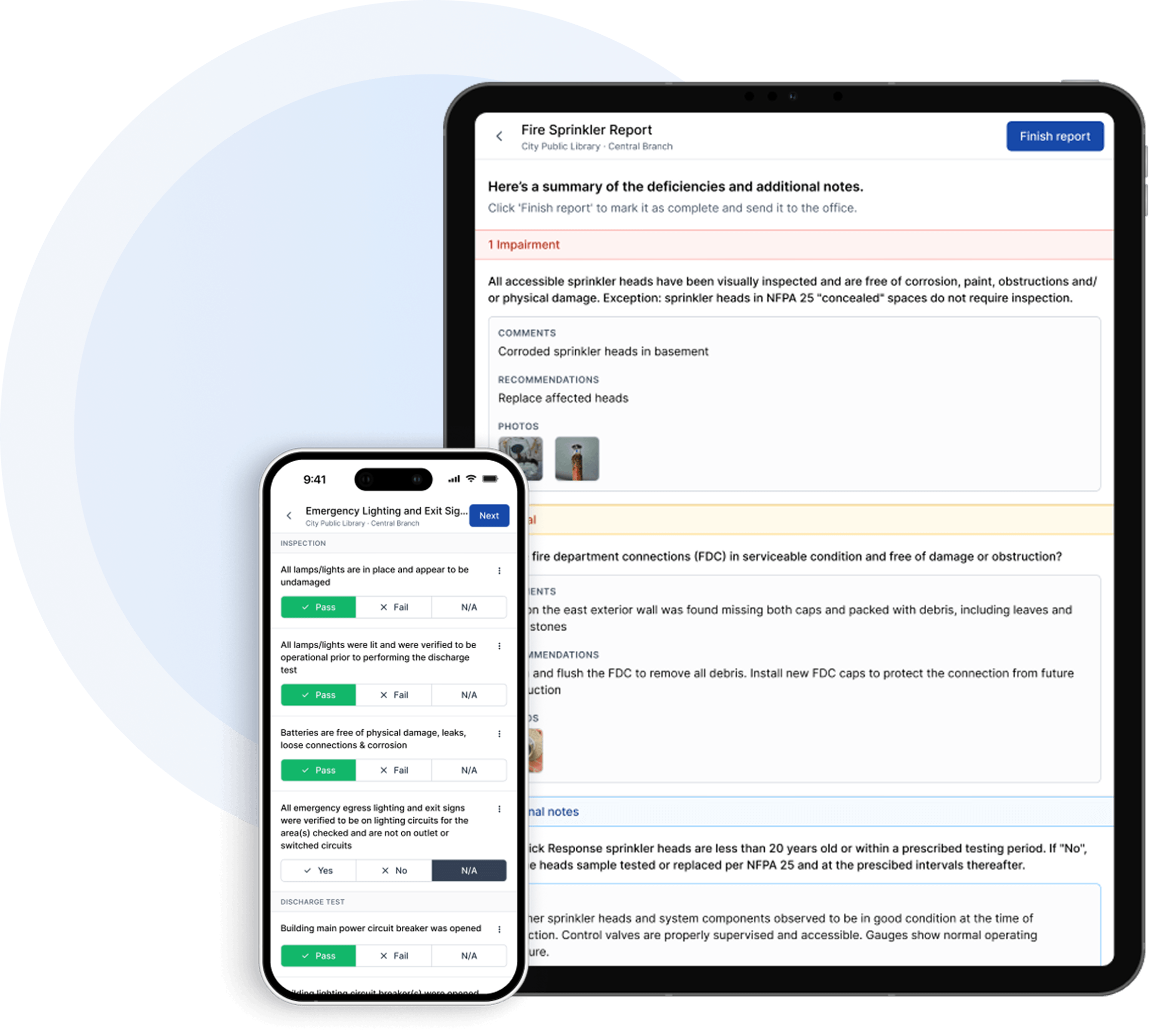 A smartphone and tablet display inspection reports. The phone shows emergency lighting details with pass/fail marks, while the tablet shows fire sprinkler issues.