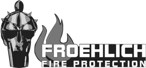 Logo for Froehlich Fire Protection featuring a stylized armored knight helmet with flames in the background and bold text.