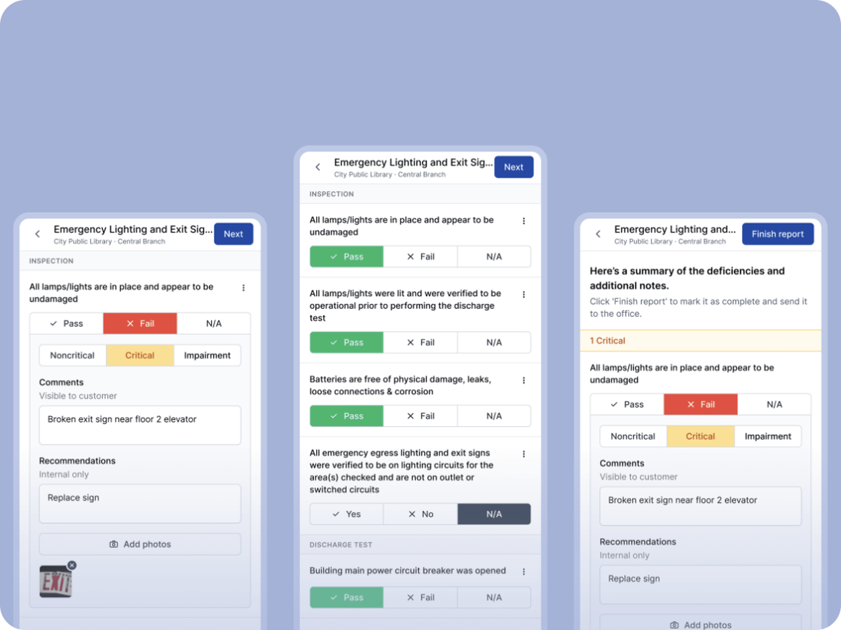 Ember inspection records with timestamped pass/fail results, photos, and deficiency summary