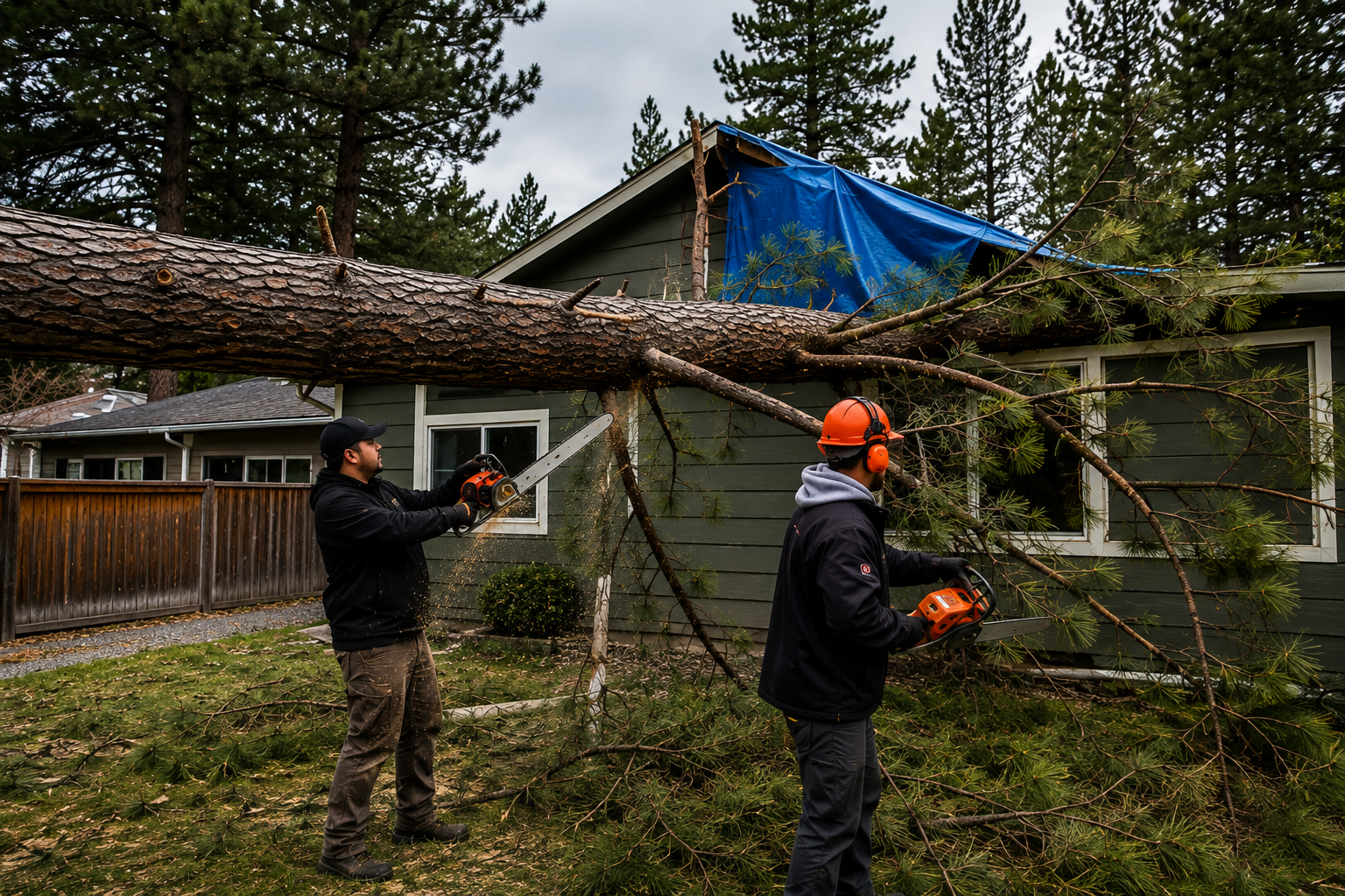 A tree fallen on house causing structural damage
