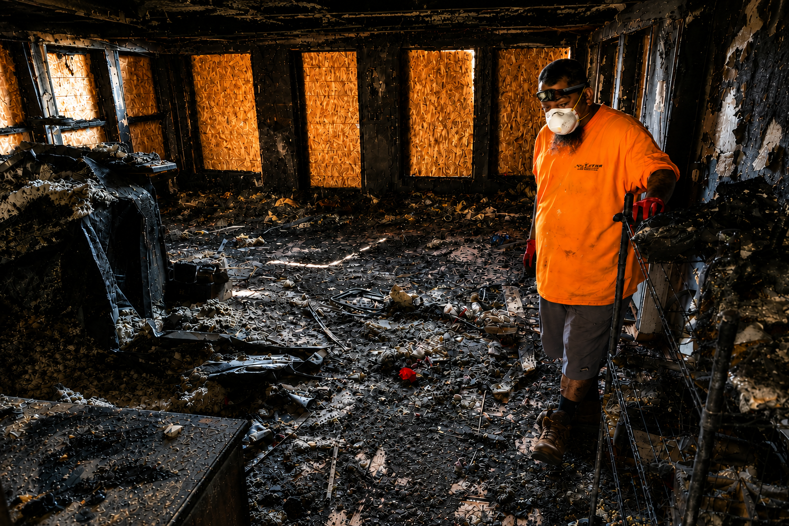 Restoration technician inspecting a fire and smoke damaged property