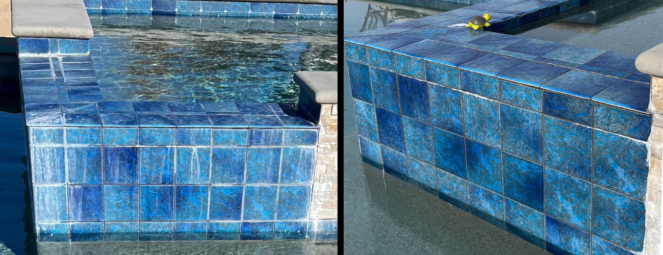 Before and after images of reverse osmosis removing calcium buildup on pool tile