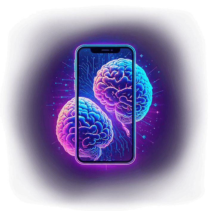 Glowing phone illustration with two minds floating.