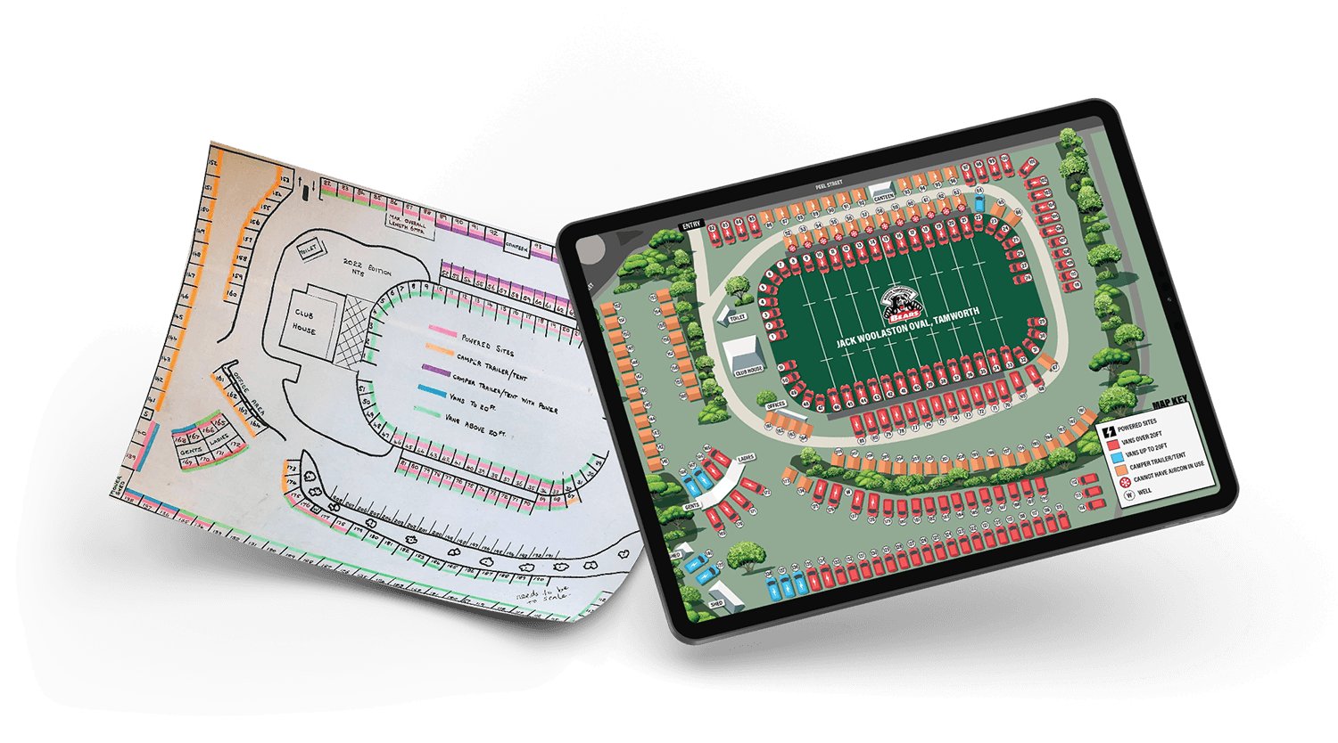 iPad showing the new map design for North Tamworth Bears, next to the old paper version