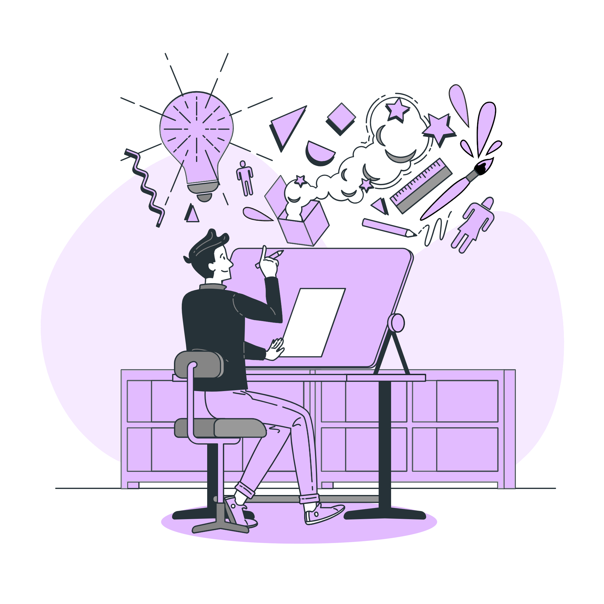 Illustration of a person working at a desk with ideas floating above them