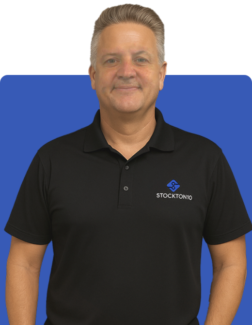 A dark Blue background of Chris Tithof Sales Director of Stockton10
