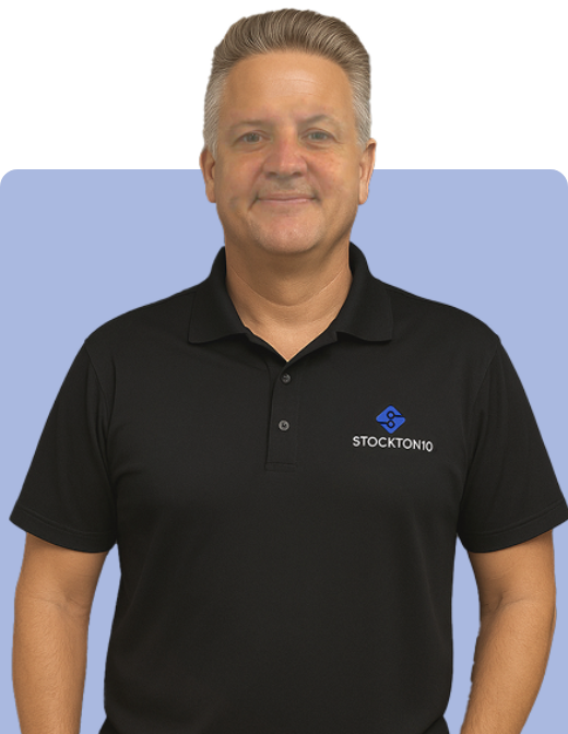 A light Blue background of Chris Tithof Sales Director of Stockton10