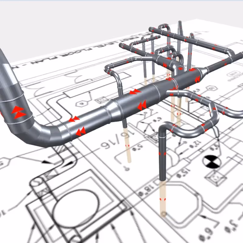 DuctQuote 3D rendering with red airflow arrows.