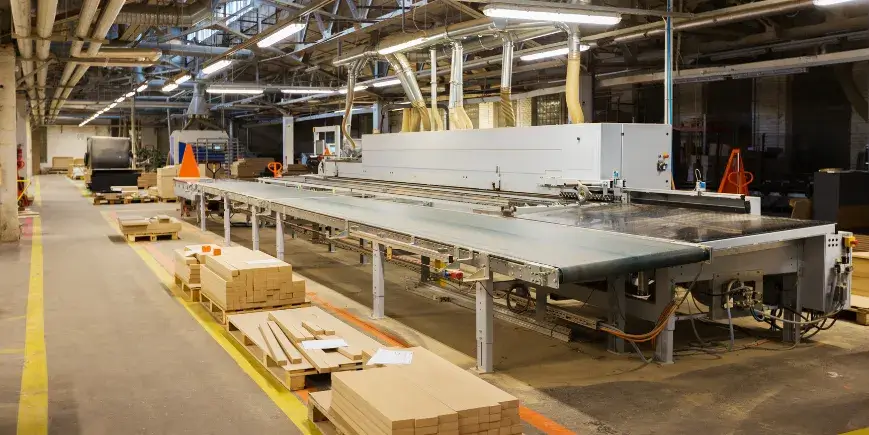 Factory interior with dust collection system controlling air quality, keeping the industrial workshop clean, safe, and efficient.