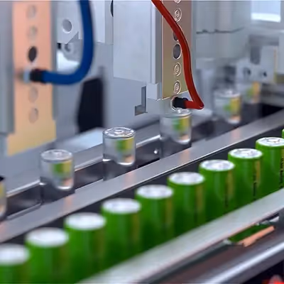 Close-up of a battery manufacturing line where small cylindrical batteries move along a conveyor beneath automated machinery, with green battery casings aligned in rows during production.