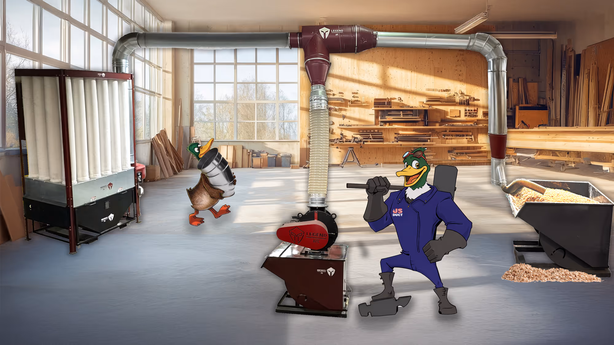 Illustrated woodworking shop with dust collection system and two cartoon duck characters demonstrating the equipment.