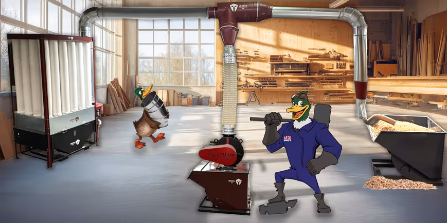 Illustrated woodworking shop with dust collection system and two cartoon duck characters demonstrating the equipment.