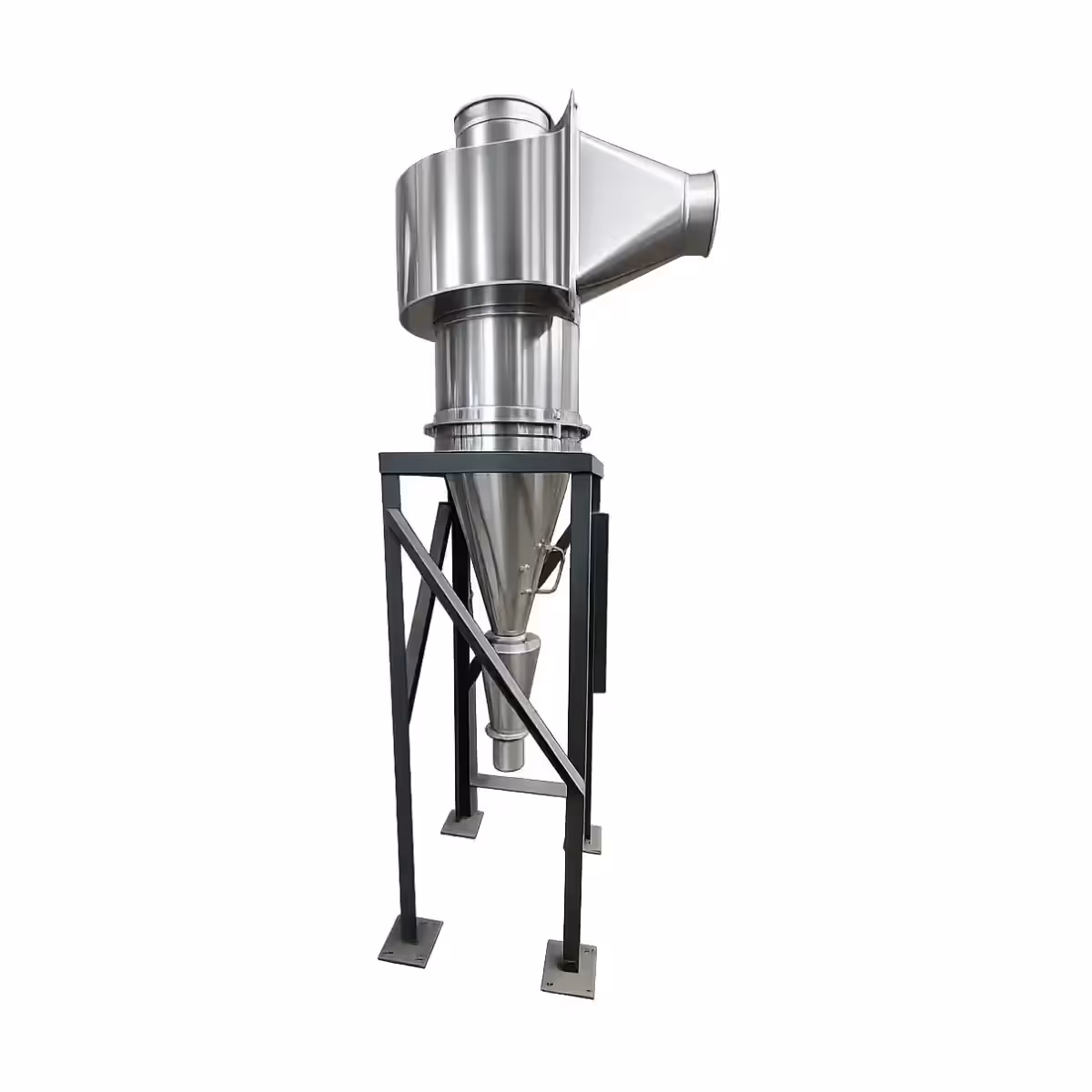 Industrial cyclone dust collector mounted on a steel support frame.