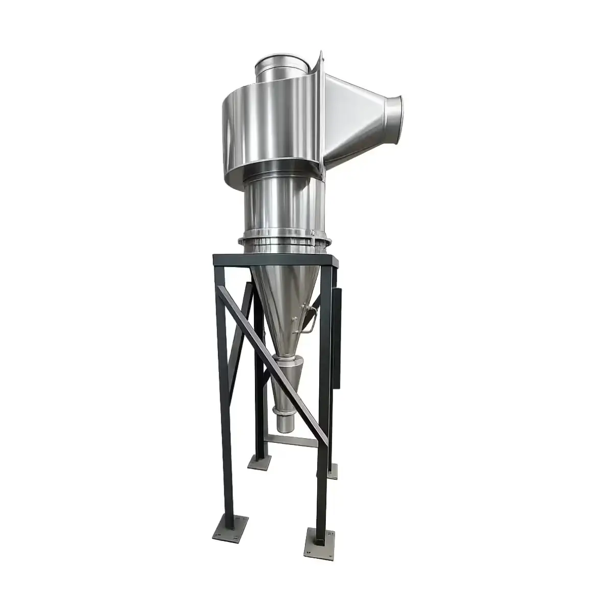 Industrial cyclone dust collector mounted on a steel support frame.