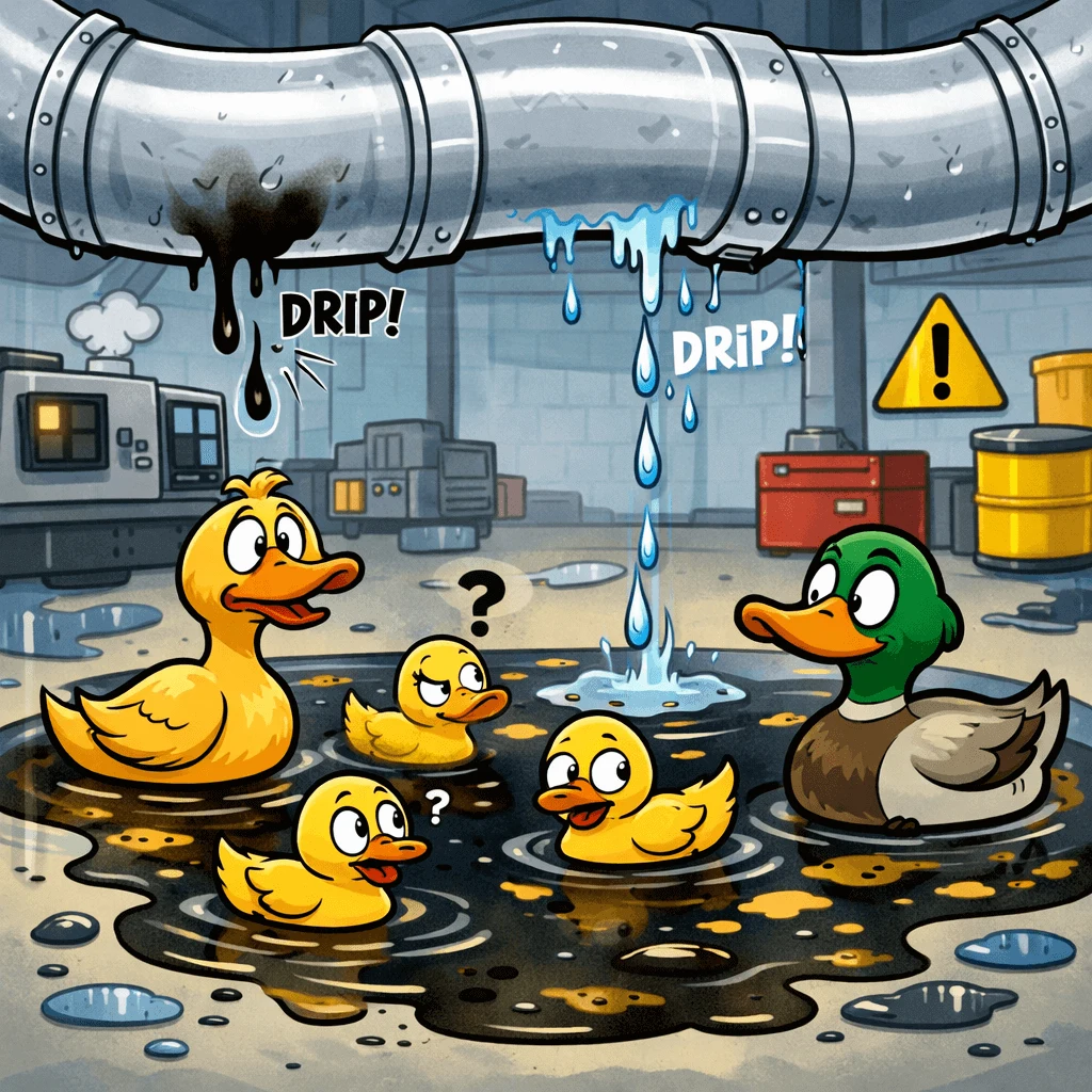 a duck pond accumulating in a factory with leaky ductwork causing it