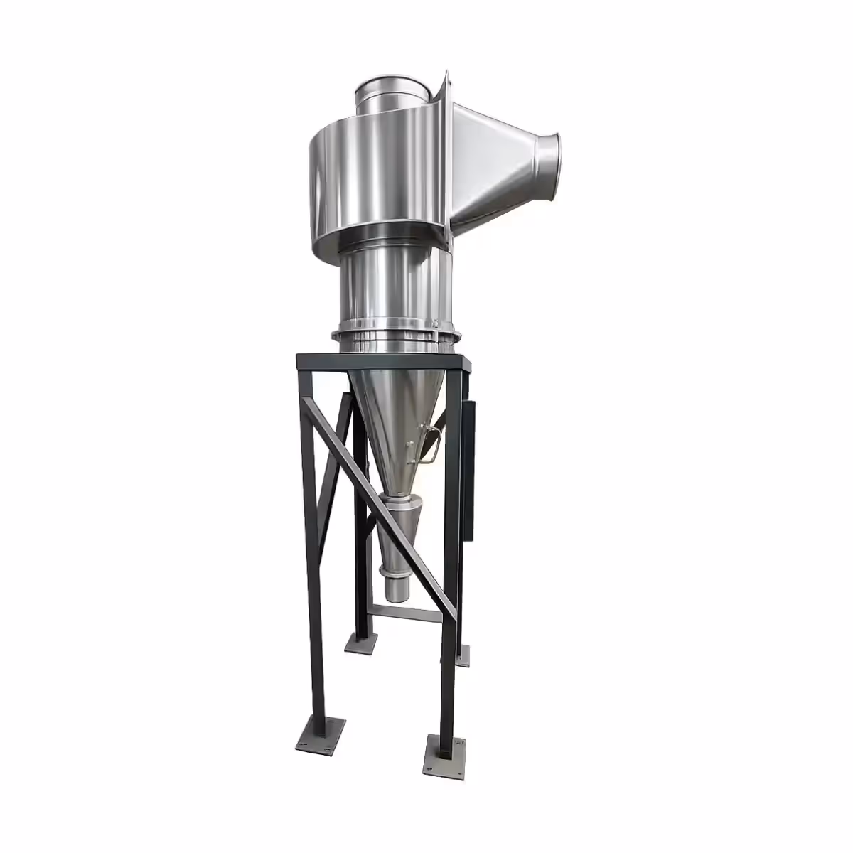 High-efficiency industrial cyclone dust collector mounted on a heavy-duty steel frame, showing the conical separator and top-mounted inlet.