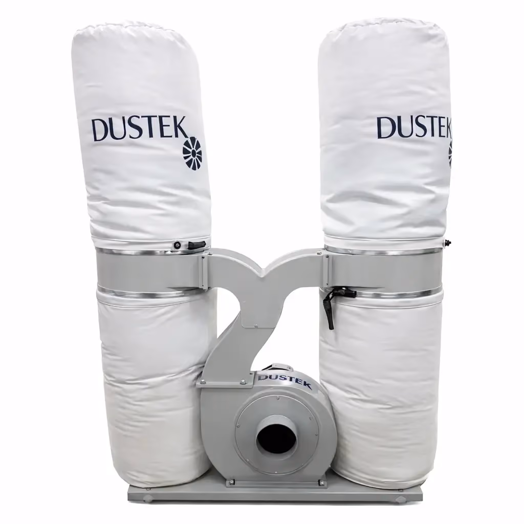 Dustek Dusty JR-31 mobile dust collector with dual white filter bags, steel impeller, and 3 HP TEFC motor.