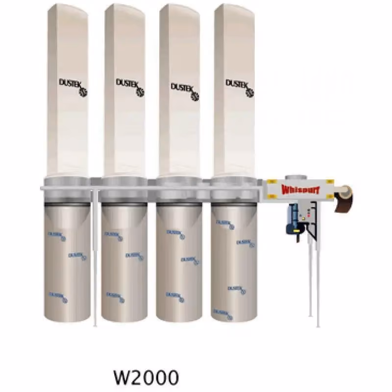 Dustek Whispurr W2000 20 HP industrial dust collector with 4 filter bags, 4 drums, and control panel, 7,000 CFM.