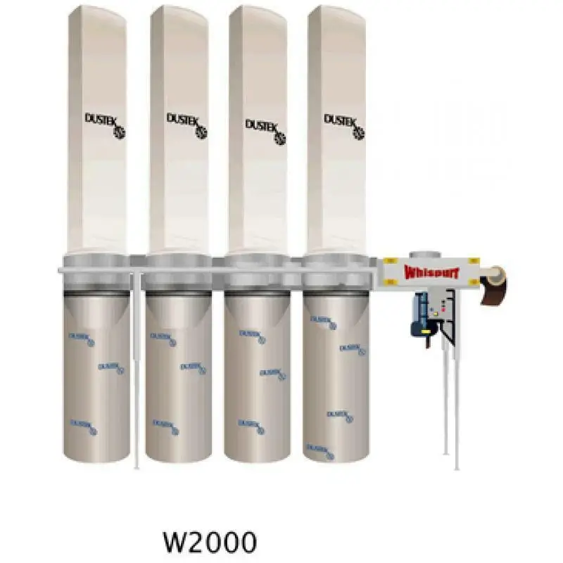 Dustek Whispurr W2000 20 HP industrial dust collector with 4 filter bags, 4 drums, and control panel, 7,000 CFM.
