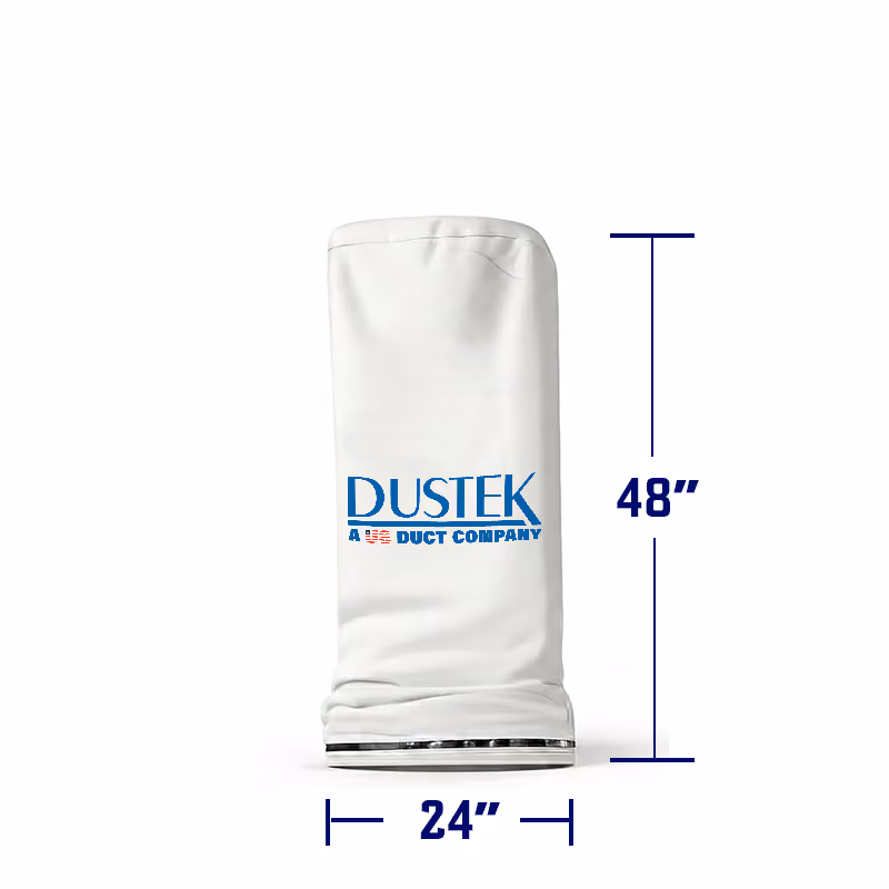 White cylindrical dust collection filter bag with Dustek logo, featuring a metal ring base. Displayed on a clean background with labeled dimensions: 48 inches height and 24 inches diameter.