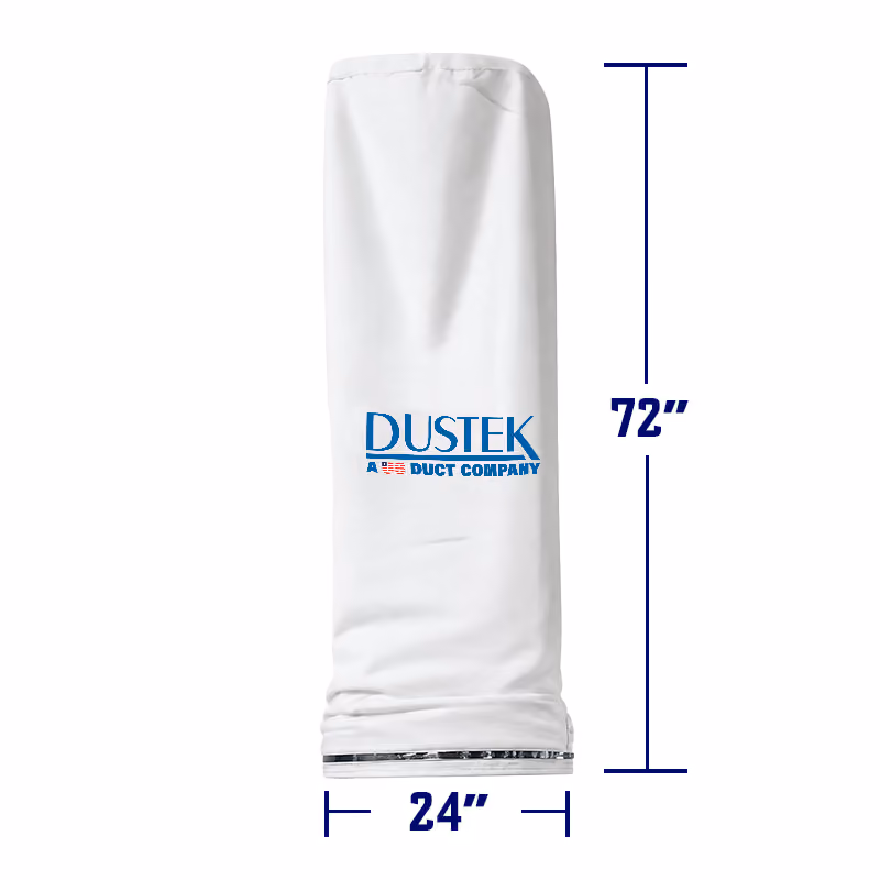 White cylindrical dust collection filter bag with Dustek logo, featuring a metal ring base. 72 inches height and 24 inches diameter.