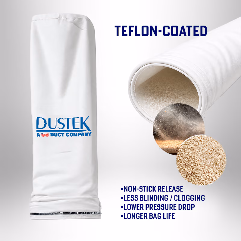 Teflon-coated Dustek filter bag designed for fine wood dust, featuring non-stick release, reduced clogging, lower pressure drop, and longer bag life for efficient, consistent dust collection performance.