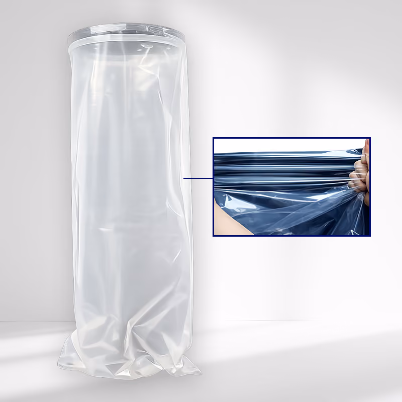 The image shows a tall, cylindrical roll or sleeve of transparent plastic standing upright..