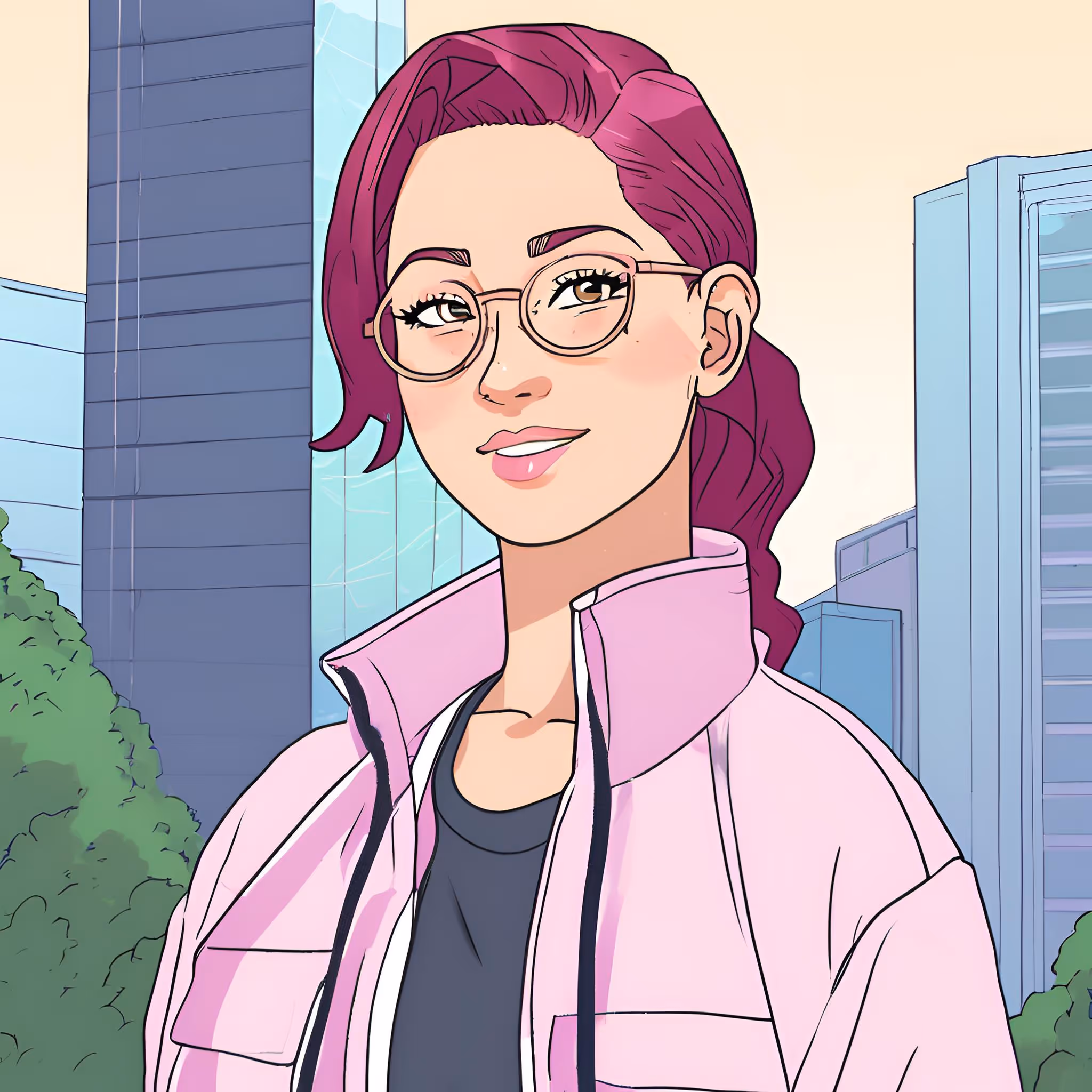 Jessie in a pink coat in the city.