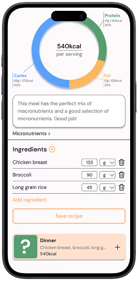 The add a meal section after changes. Users can now save a recipe before adding it to their daily tracking.